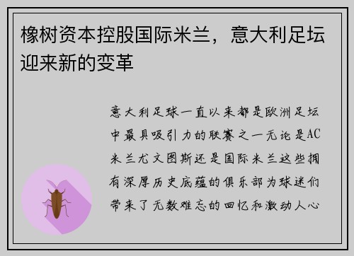 橡树资本控股国际米兰，意大利足坛迎来新的变革